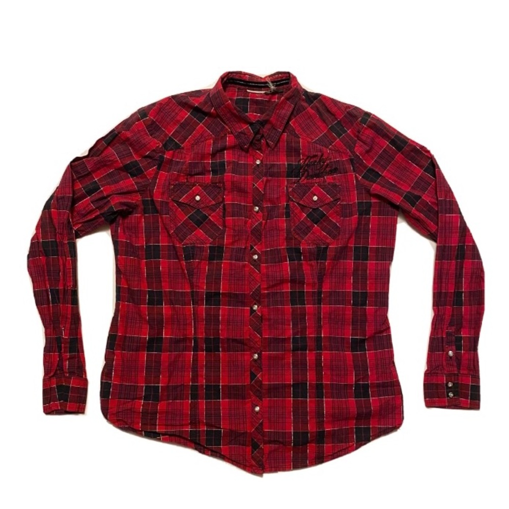 Harley Davidson Womens Plaid Corset Back Button Up Shirt Lace Up Embroidered